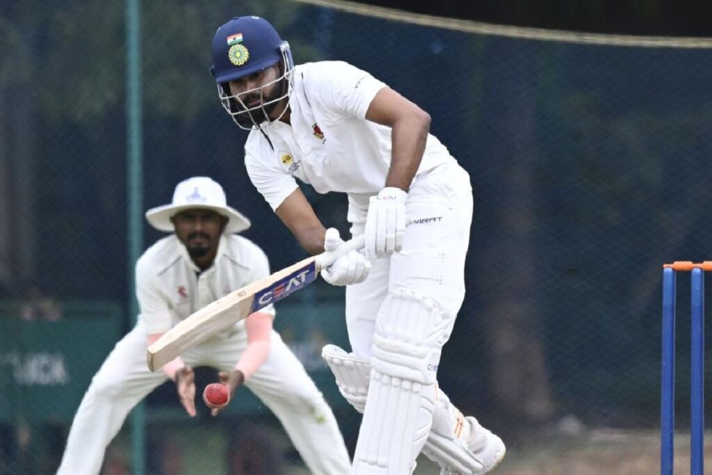 Shreyas Iyer, with sunglasses, approaches the bat and misjudges a duck in the Duleep Trophy